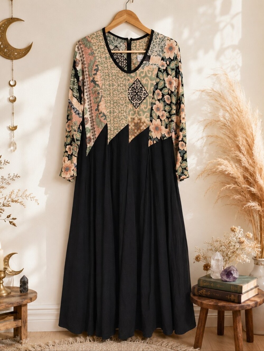 Boho Patchwork Floral Long Sleeve Dress in Black and Peach